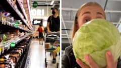 Kaksiosaisessa kuvassa vasemmalla kaupan kasvisruokahylly ja asiakas. Oikeanpuoleisessa osassa toimittaja Sara Salmi pitää kädessään kaalia.