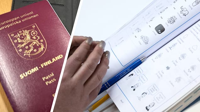 Photo shows a Finnish passport and a language learning book.