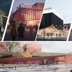 Kouvolan uuden teatterin arkkitehtuurikilpailun viisi havainnekuvaa. 