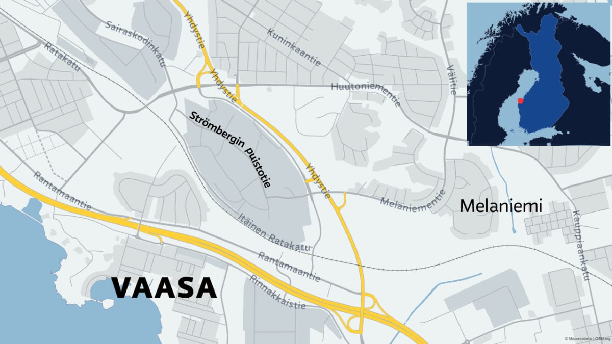 Kartta Vaasasta ja Strömbergin puistotien alue, missä ABB:n rakennuksessa tulipalo.