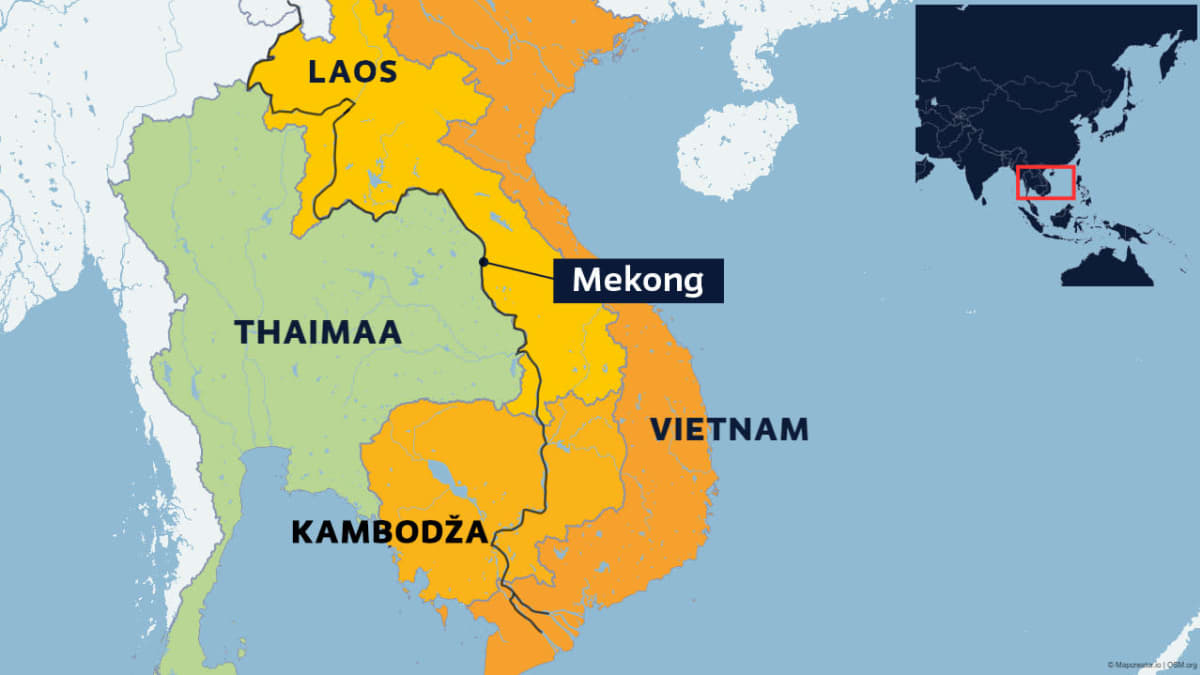 Mekong-joen reitti Laosin, Thaimaan ja, Vietnamin ja Kambodžan alueilla.