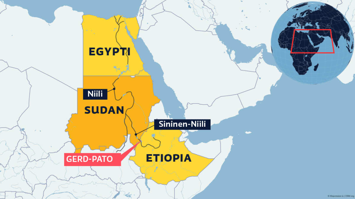 Kartta Niilistä ja Sinisestä-Niilistä. Gerd-padon sijainti Sudanin ja Etiopian rajan tuntumassa.