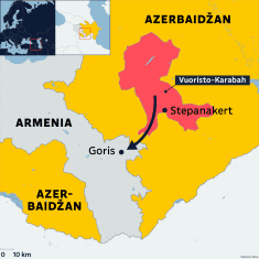Kartalla Vuoristo-Karabah, josta nuoli osoittamassa pakolaisten reittiä Armenian Gorisiin.