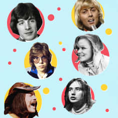 Kuvitus, jossa on Irwin Goodman, Rauli Badding Somerjoki, Danny, Kirka, Mikko Alatalo ja Katri Helena keltaisten ja punaisten pallojen sisällä vaaleankeltaista taustaa vasten.