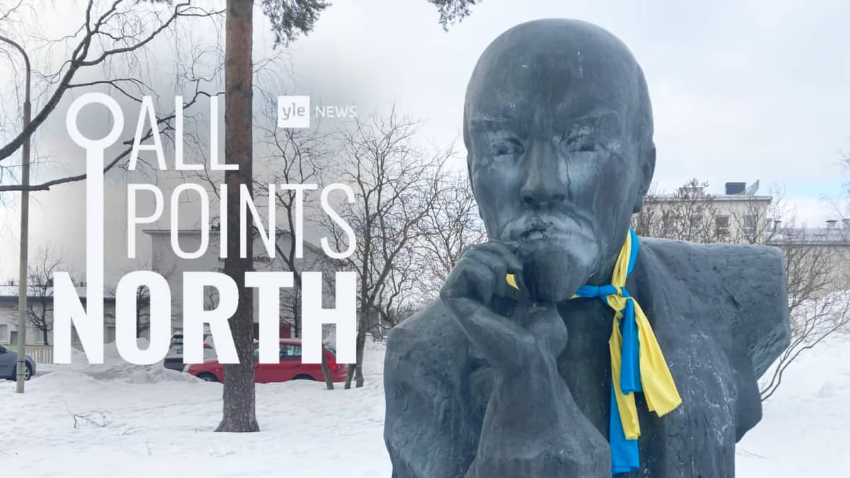 Photo of a statue of Vladimir Lenin, in the Finnish city of Kotka, featuring the All Points North podcast logo.