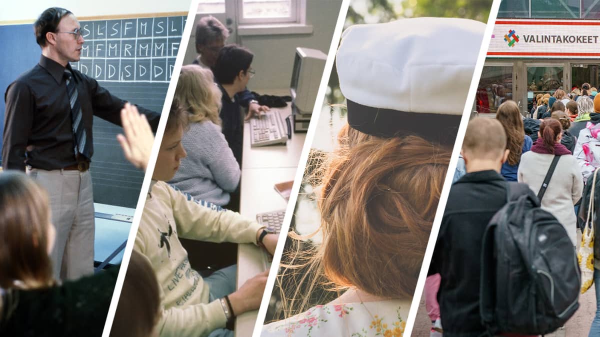 Kuvakombo Suomen nykyaikeisen koulutusjärjestelmän eri vaiheilta.