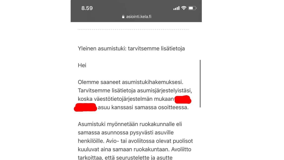 Kelan tekstiviesti asumistuen hakijalle