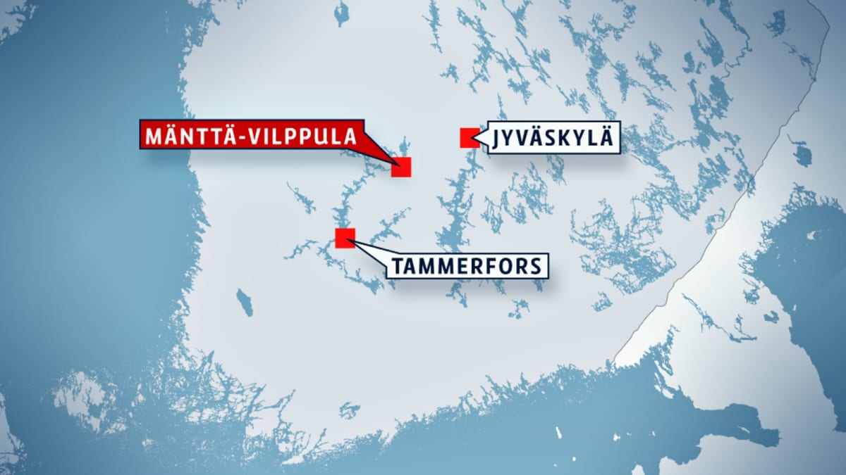 Kartan visar att Mänttä-Vilppula ligger mellan Tammerfors och Jyväskylä.