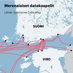Grafiikka näyttää Suomen, Ruotsin ja Viron välillä kulkevat datakaapelit kartalla.