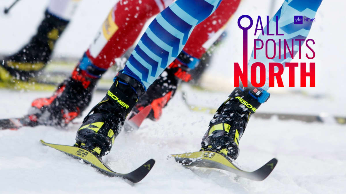 Photo of ski racers' legs on a snowy track, featuring the All Points North podcast logo.