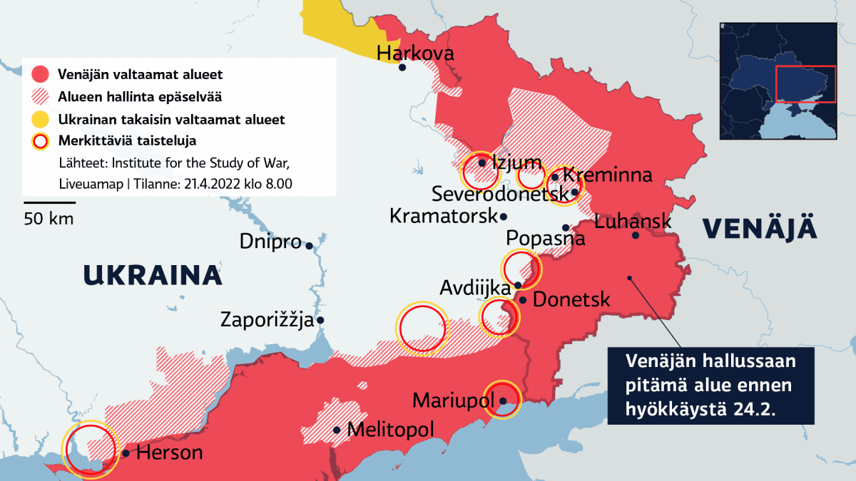 Kartalla Venäjän valtaamat alueet Ukrainassa 21.4.2022.