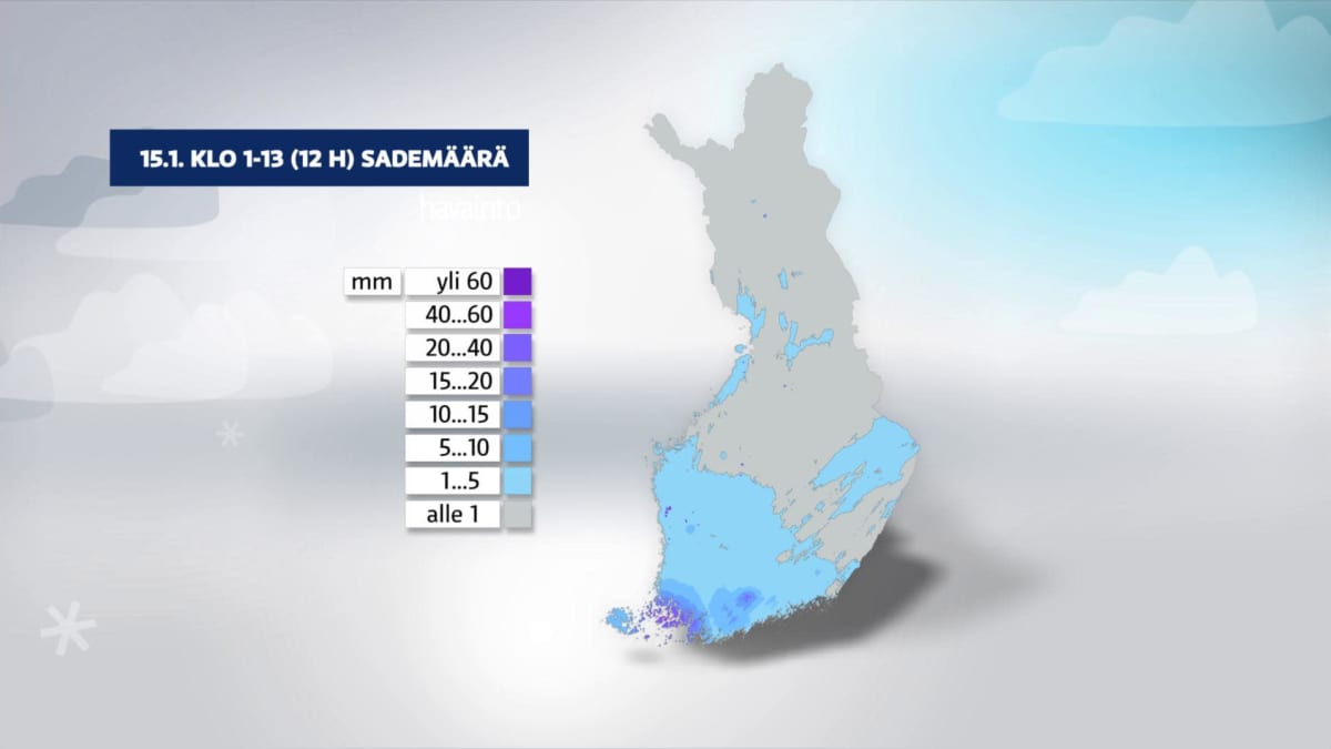 Säägrafiikka näyttää koko Suomen sademäärät 15. tammikuuta 2023.