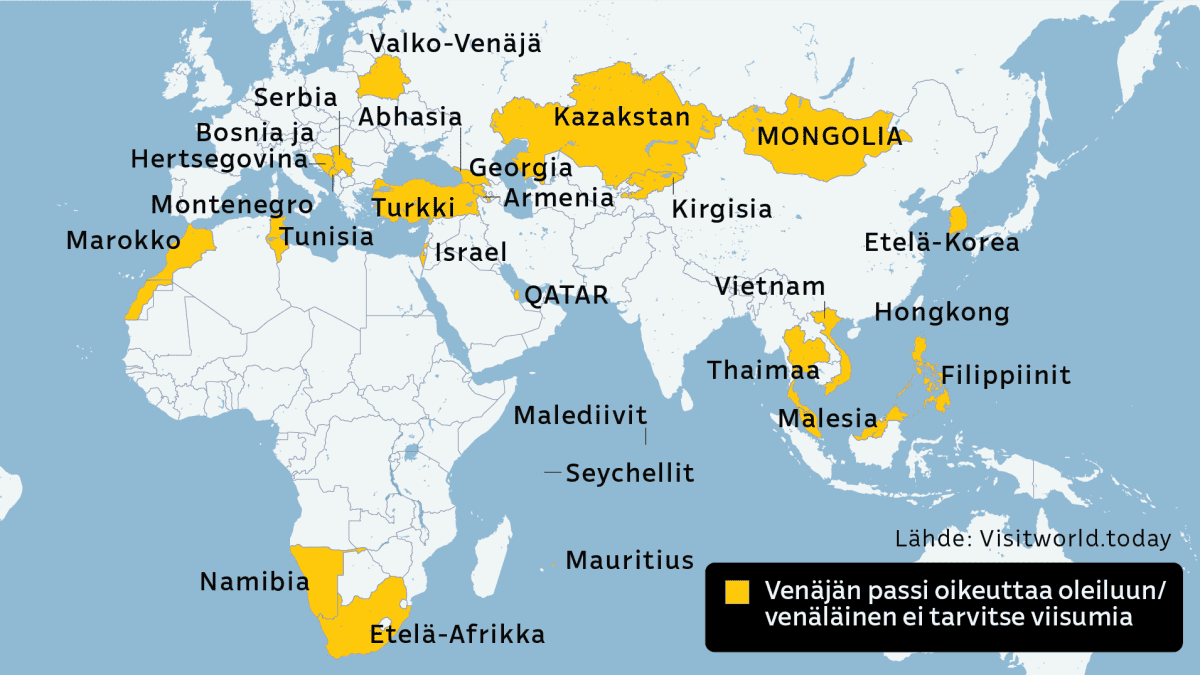 Kartalla maat jossa Venäjän passi oikeuttaa oleiluun tai jossa venäläinen ei tarvitse viisumia. Muun muassa Turkki, Israel, Thaimaa ja Filippiinit.