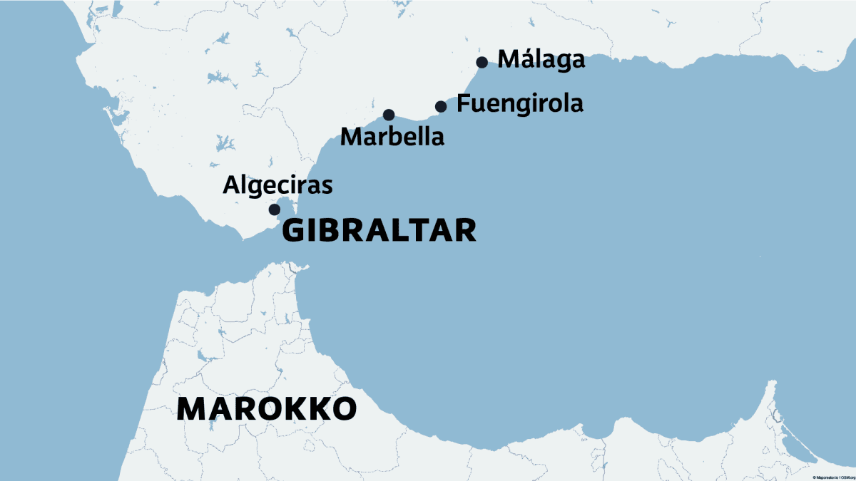 Kartttakuva jossa näkyvät merkittynä paikat Málaga, Fuengirola, Marbella, Algeciras, Gibraltar ja Marokko