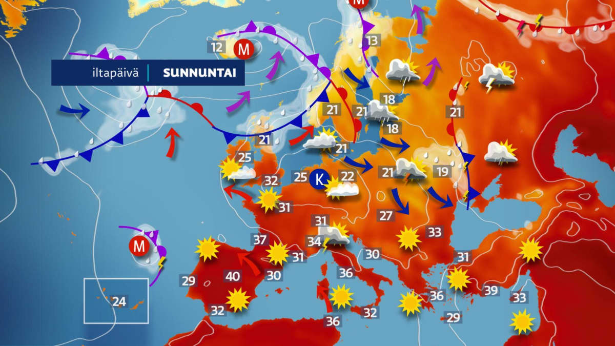 Etelä-Euroopan pakahduttava helle kulkee kohti Britanniaa ja Saksaa –  Suomeen lämpö yltää ehkä ensi viikon lopulla, sanoo meteorologi Kerttu  Kotakorpi