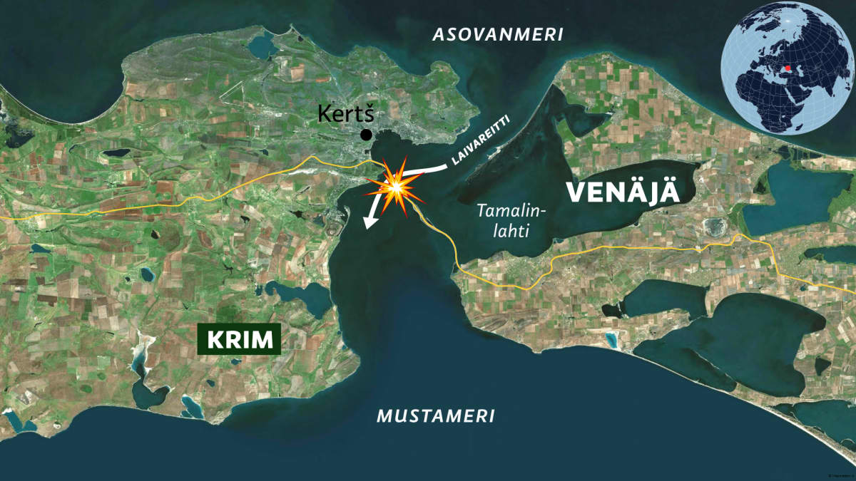 Satelliittikartassa näkyy Kertšinsalmen sillan räjähdyspaikka, Kertšin niemimaata ja palanen Venäjää.