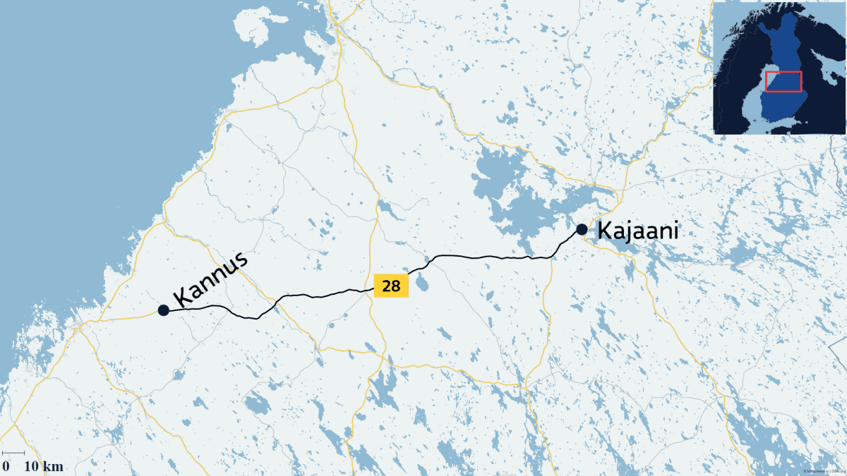 Kartalla näkyy reitti Kannuksesta Kajaaniin valtatietä 28 pitkin.