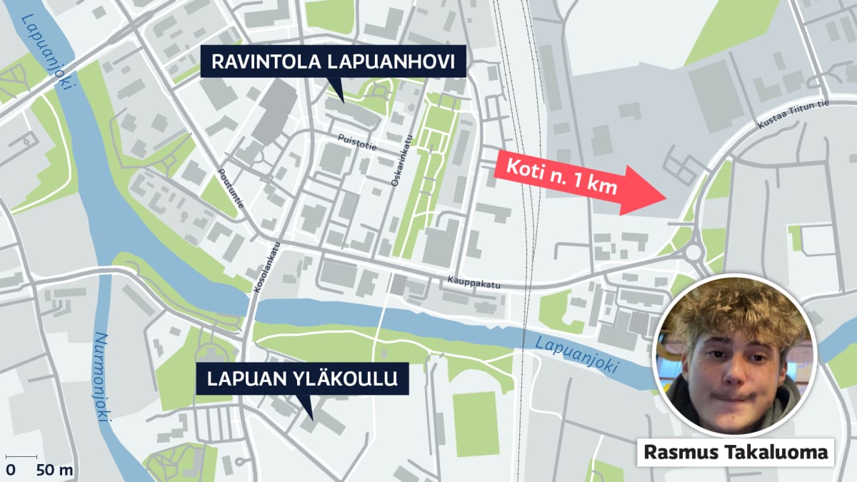 Kartta näyttää Rasmus Takaluoman viimeisen havaintopaikan, Hotelli Lapuahovin, sekä yläkoulun sijainnin.