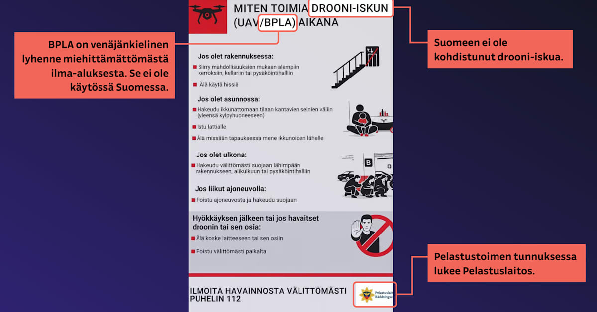 Poliisi tutkii väärennettyä drooni-iskuohjeistusta – ohjeet alkoivat levitä harhautuneiden droonien jälkeen