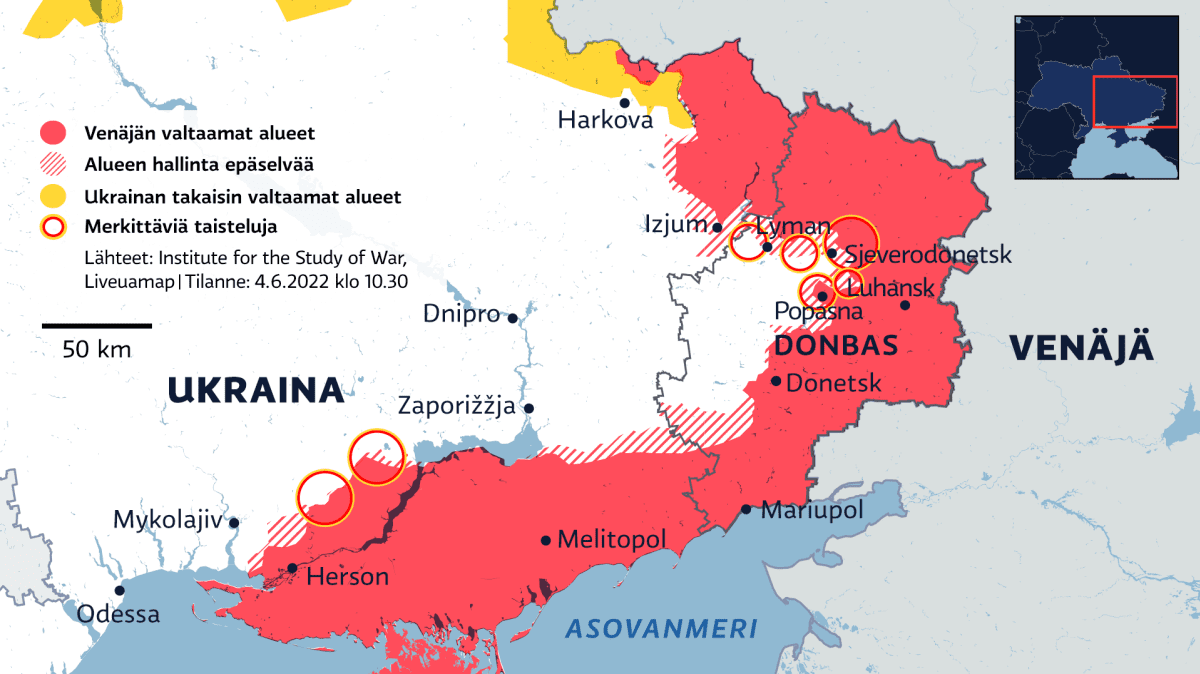 Kartalla Venäjän valtaamat alueet Itä-Ukrainassa 4.6.2022.