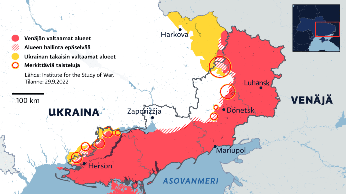 Kartalla Venäjän itseensä liittämät ja valtaamat alueet Itä-Ukrainassa 30.9.2022.