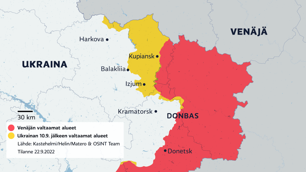 Kartalla Venäjän valtaamat alueet Itä-Ukrainassa 22.9.2022.