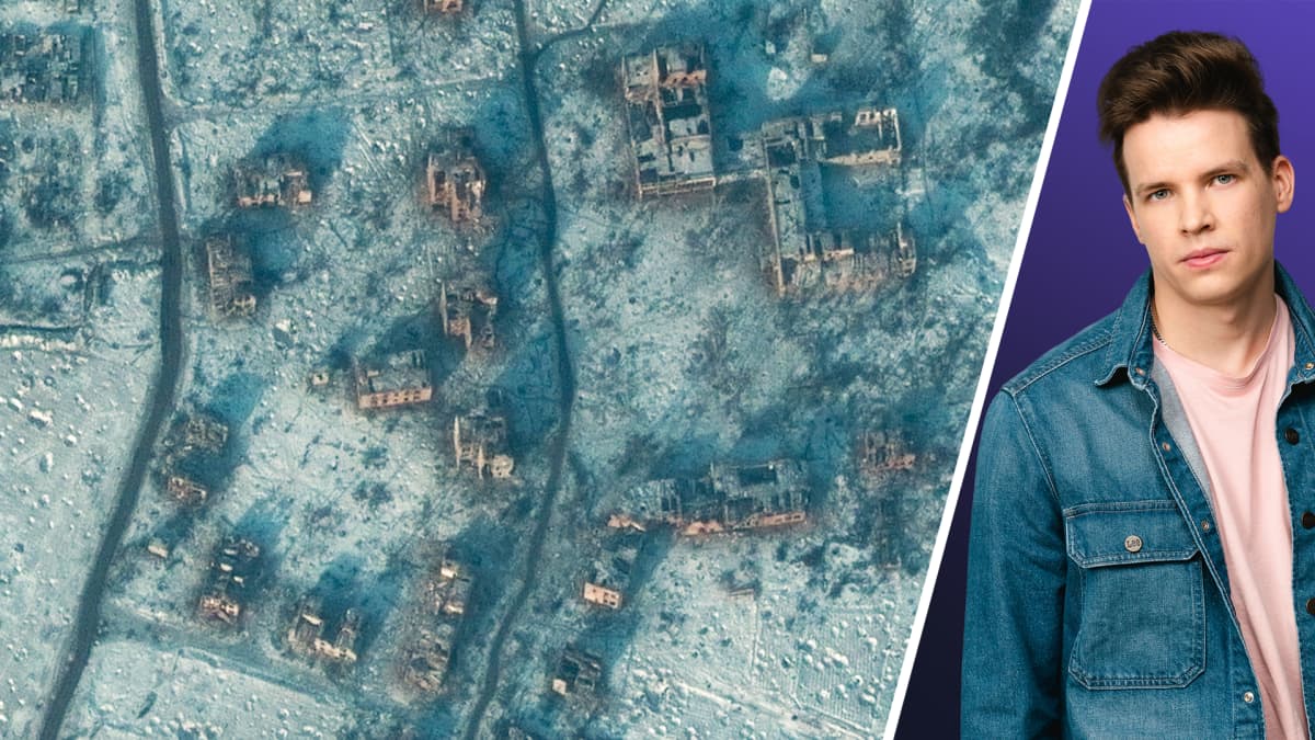 Kaksiosainen kuva. Vasemmalla Maxarin satelliittikuvaa Soledarin kaupungin raunioituneista taloista, oikealla toimittaja Antti Kurra.