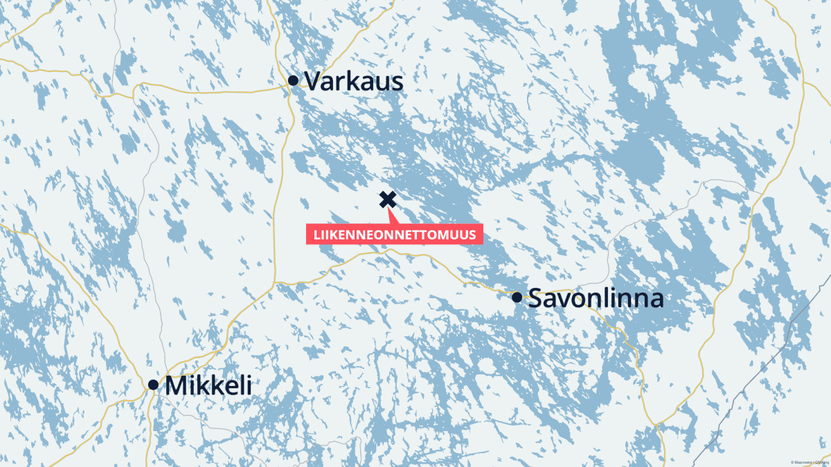 Graafinen kartta Etelä-Suomesta, jossa näkyy onnettomuuspaikka rastilla. 