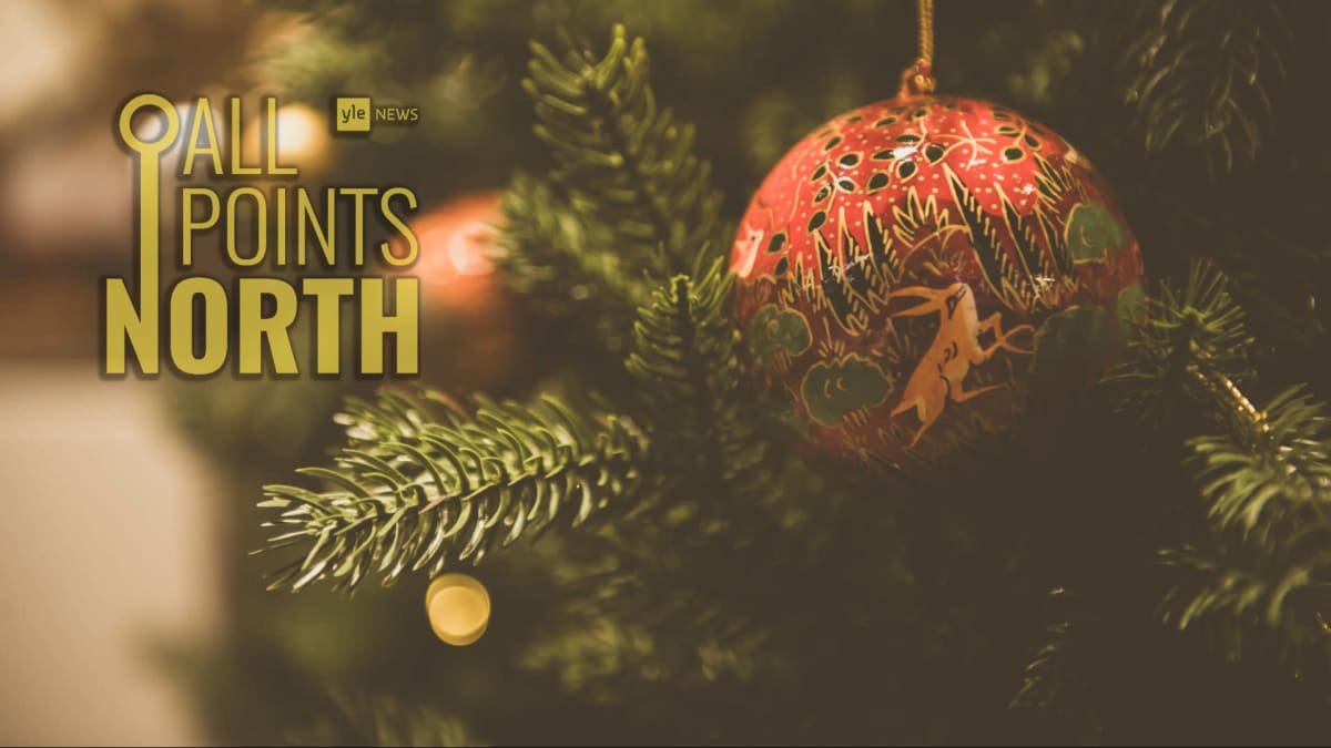 Christmas tree and ornament, featuring the All Points North podcast logo.