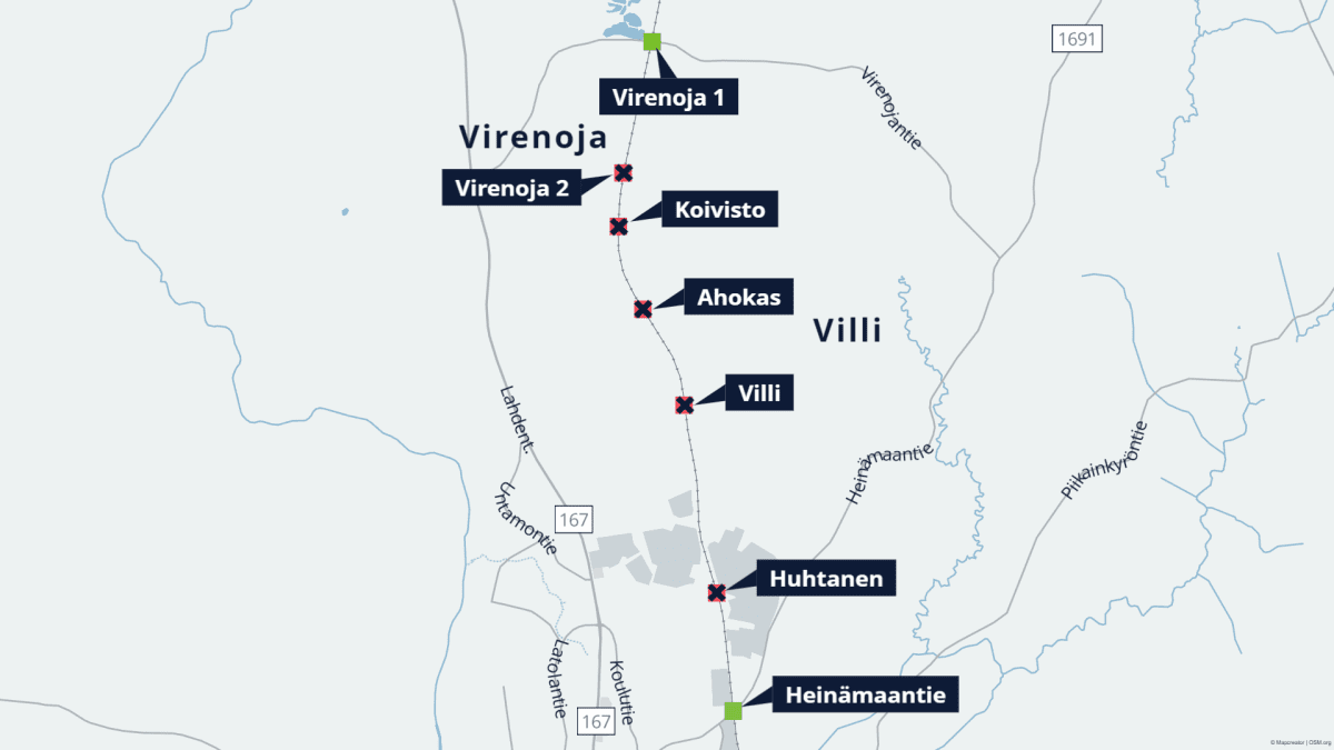 Kartta Lahti-Loviisa -radasta Heinämaantie-Virenoja -väliltä.