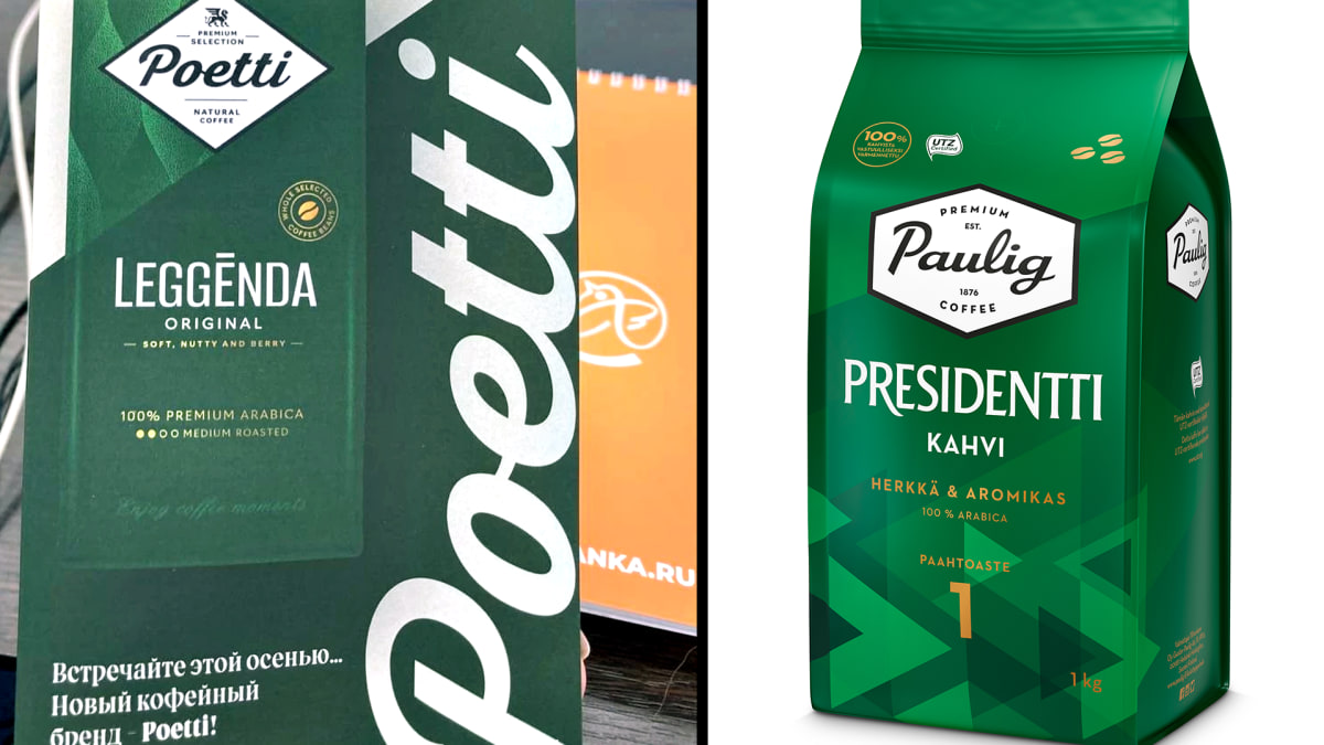 Fontanka-lehden Twitterissä jakama kuva Poetti-brändin Leggenda-kahvipaketista (vasemmalla) ja Pauligin Presidentti-kahvin tuotekuva (oikealla).