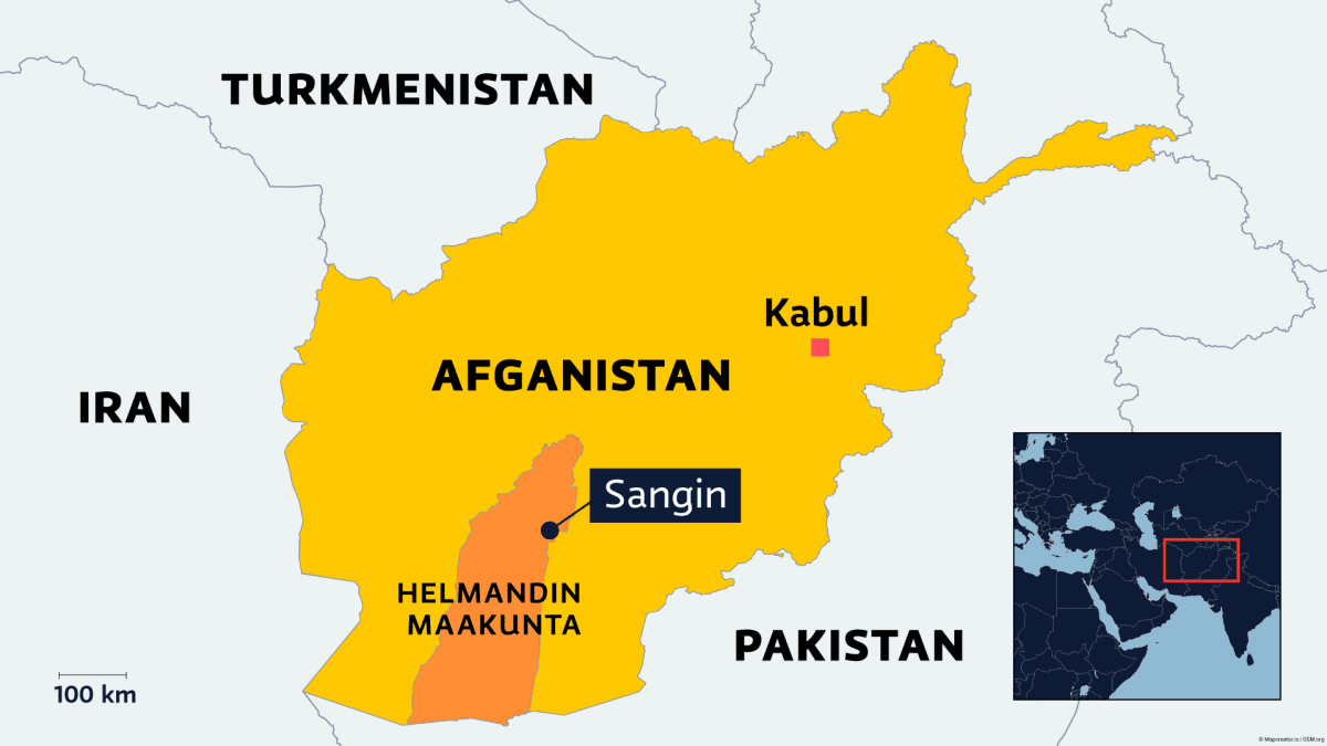Sangin ja Laskhar Gahin kaupungit merkattu Afganistanin kartalle. Lisäksi merkattu Helmandin maakunnan alue.