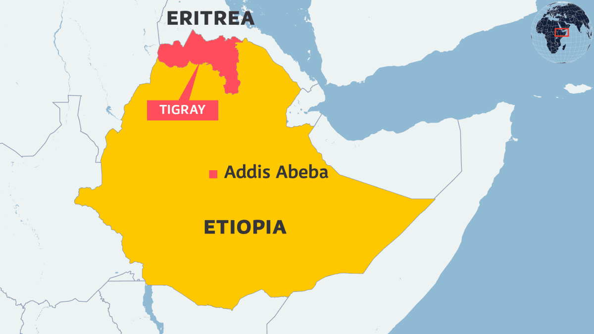 Etiopian kartta, johon merkitty pääkaupunki Addis Abeba, sekä Tigrayn alue.