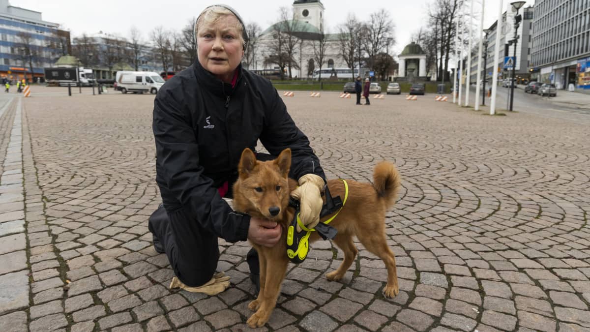 Nainen koiran kanssa Hämeenlinnan torilla