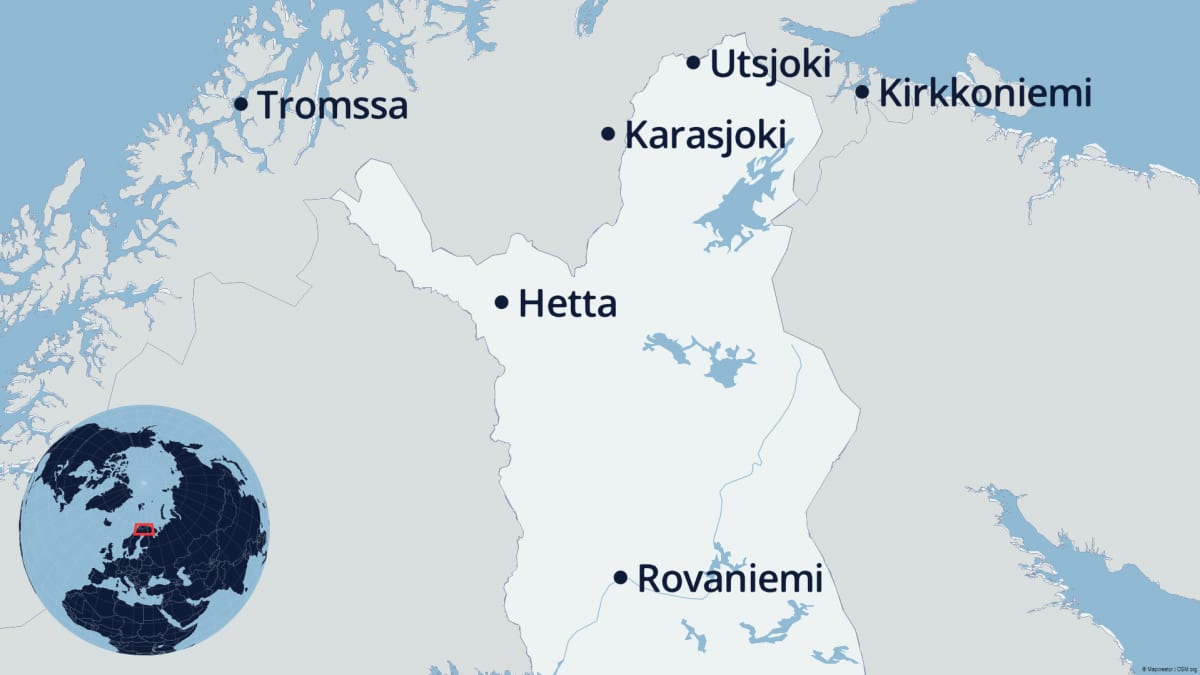 Kartta jossa näkyy Tromssa, Hetta, Karasjoki, Utsjoki, Kirkkoniemi ja Rovaniemi.