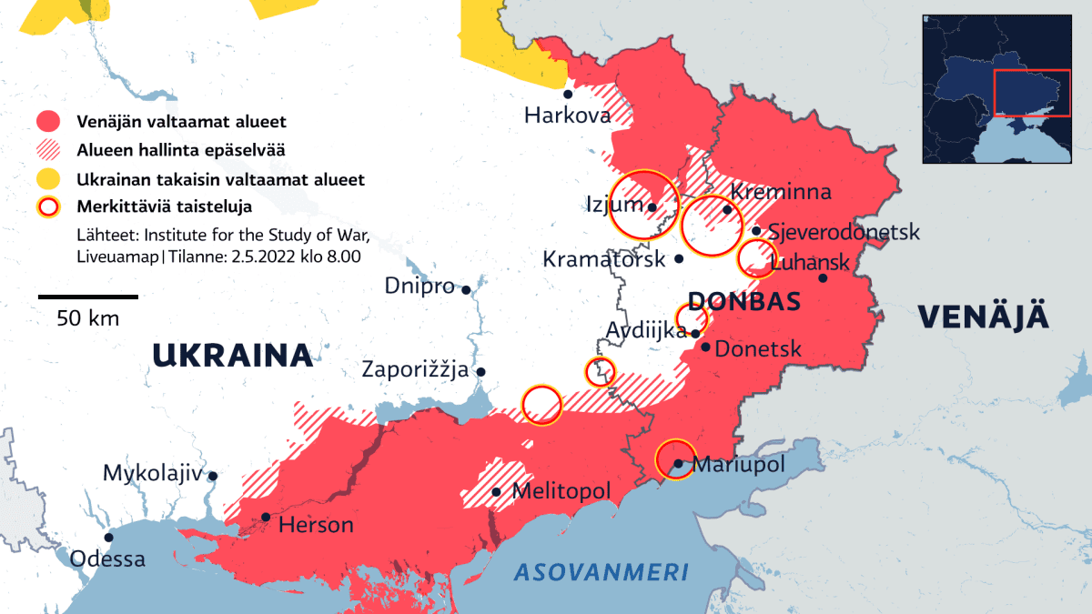Kartalla Venäjän valtaamat alueet Itä-Ukrainassa 2.5.2022.