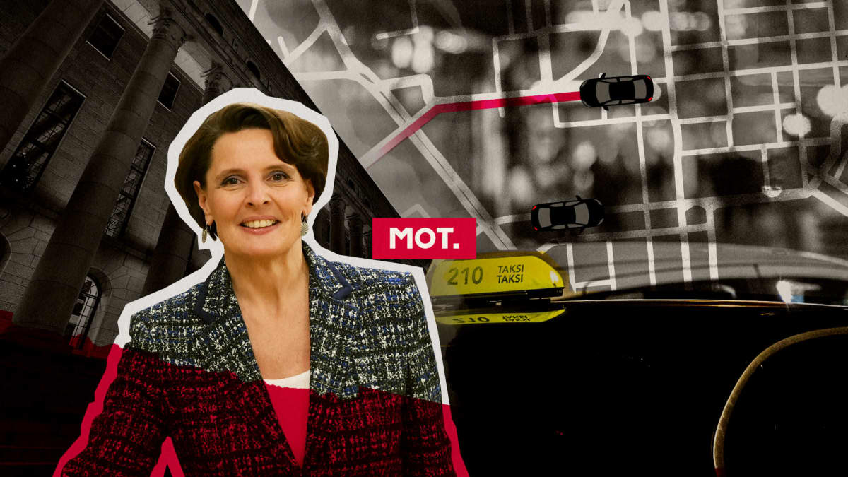 Kuvakollaasi: Anne Berner, taustalla taksi, eduskuntatalo, tiekarttaa ja Uberin autoja