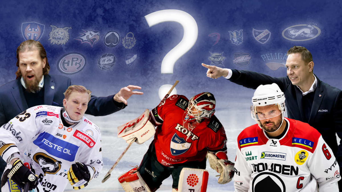 Kuvayhdistelmä, jossa SM-liiga joukkueiden logot, valmentajat Olli Jokinen ja Jussi Tapola sekä pelaajat Niilo Halonen, Joonas Kemppainen ja Jesse Joensuu.