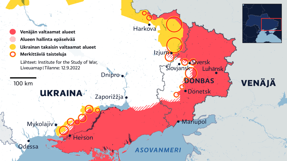 Kartat paljastavat, miten nopeasti Venäjän joukot perääntyvät Itä-Ukrainassa  | Yle Uutiset