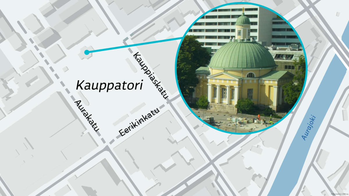 Kartta Turun ortodoksisen kirkon sijainnista kauppatorin laidalla.