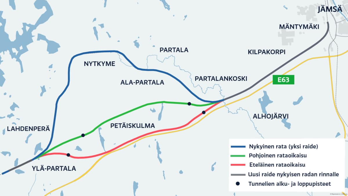 Karttakuva, johon merkitty Jämsän alueelle suunnitellut rataosuudet.