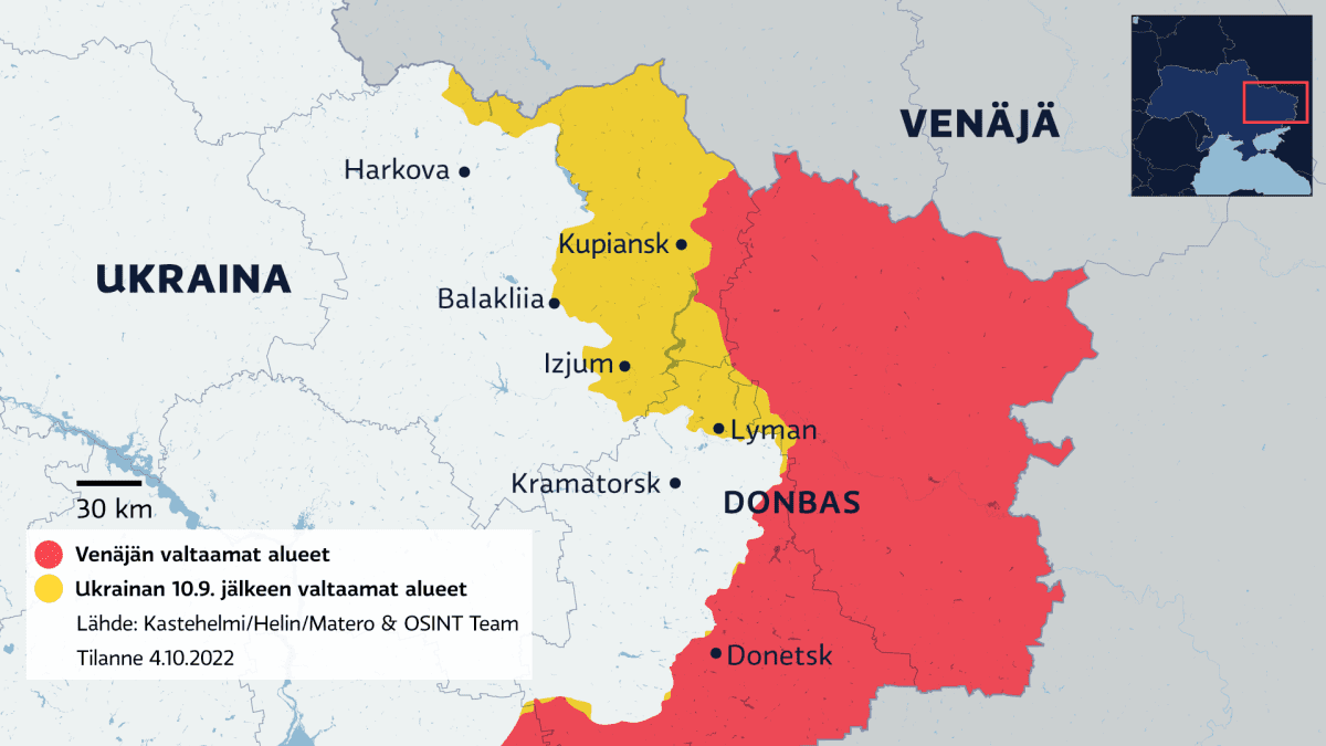 Kartalla Venäjän valtaamat alueet Itä-Ukrainassa  4.10.2022.