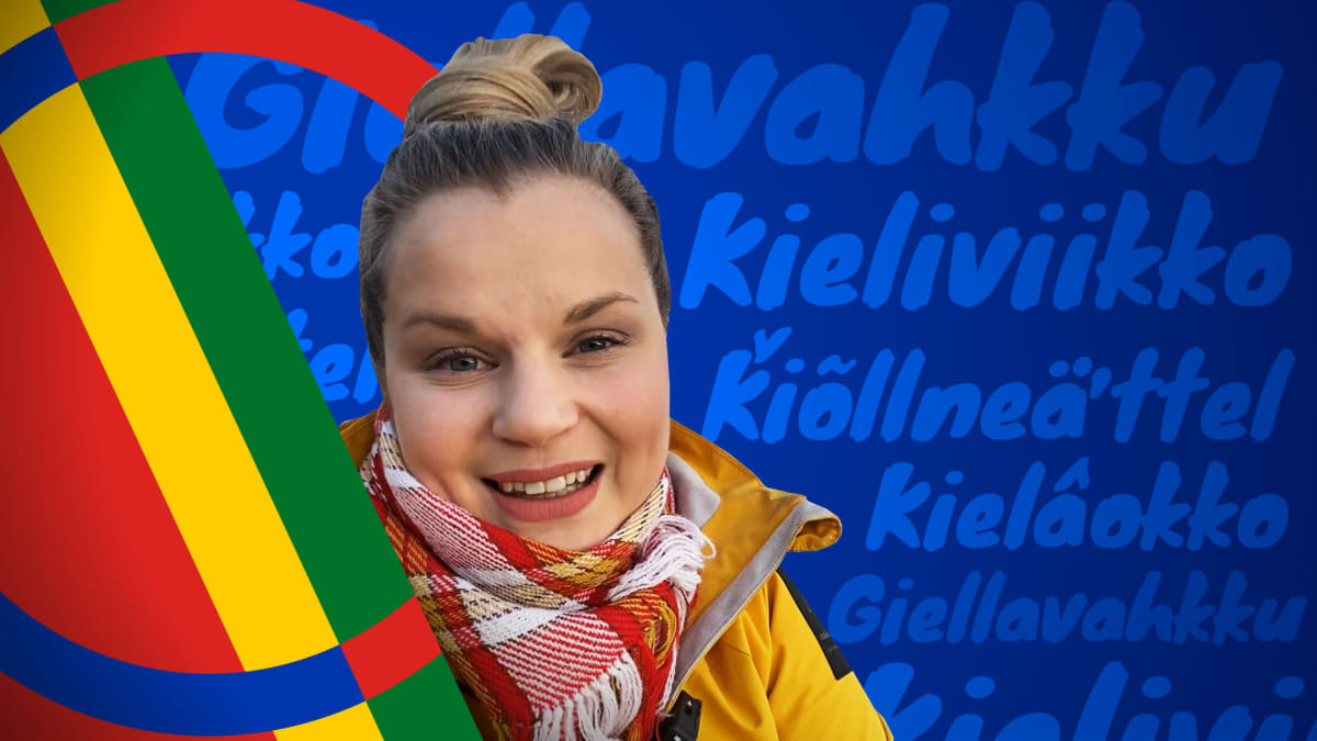 Kuvakollaasi, naisen kasvot keskellä kuvaa, taustalla Saamen lipun värit ja kieliviikko sana eri saamen kielillä ja suomeksi kirjoitettuna