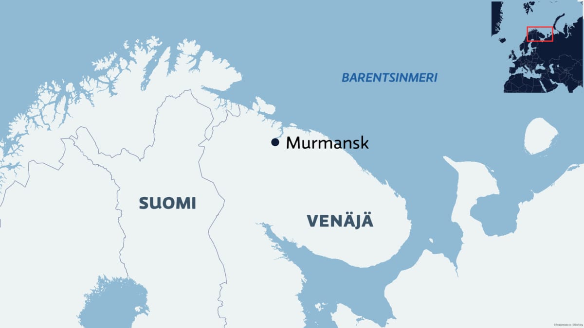 Kartta, joka näyttää Barentsinmeren Murmanskin yläpuolella Suomen Lapin vieressä.