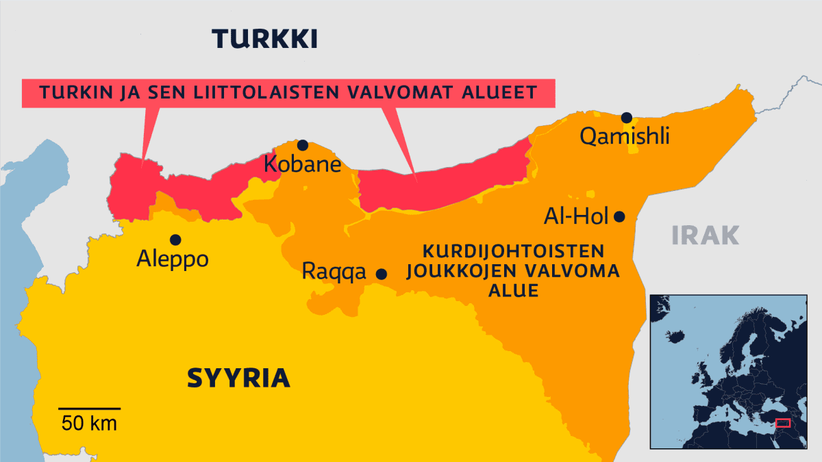 Kartalla merkattuna Turkin ja sen liittolaisten valvomat alueet Syyriassa, Kurdijohtoisten joukkojen valvomat alueet Syyriassa sekä Aleppon, Kobanen, Raqqan, Al-Holin ja Qamishlin kaupungit.