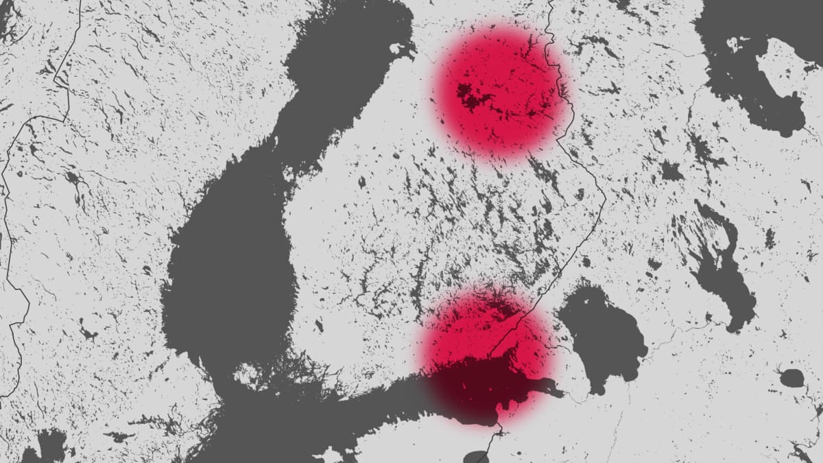 kuvassa kartta jossa merkitty kaksi kohdetta joita KRP tutkii: toinen on kainuussa ja toinen Kaakkois-Suomessa