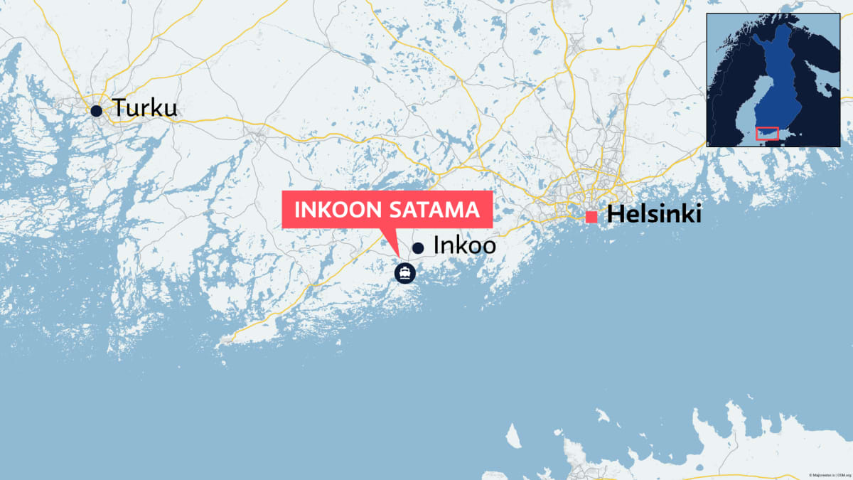 Grafiikka näyttää Inkoon sataman sijainnin kartalla Suomen etelärannikolla Helsingin ja Turun välillä, hieman lähempänä Helsinkiä kuin Turkua.