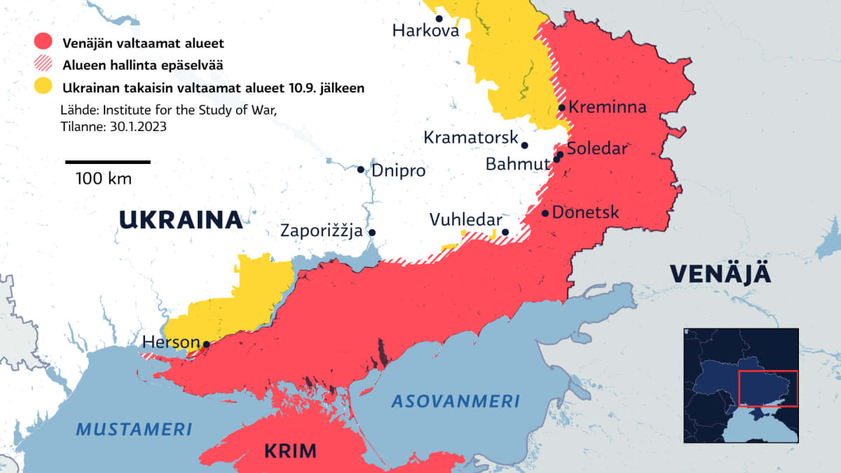 Kartalla Venäjän valtaamat alueet Ukrainassa 30.1.2023.