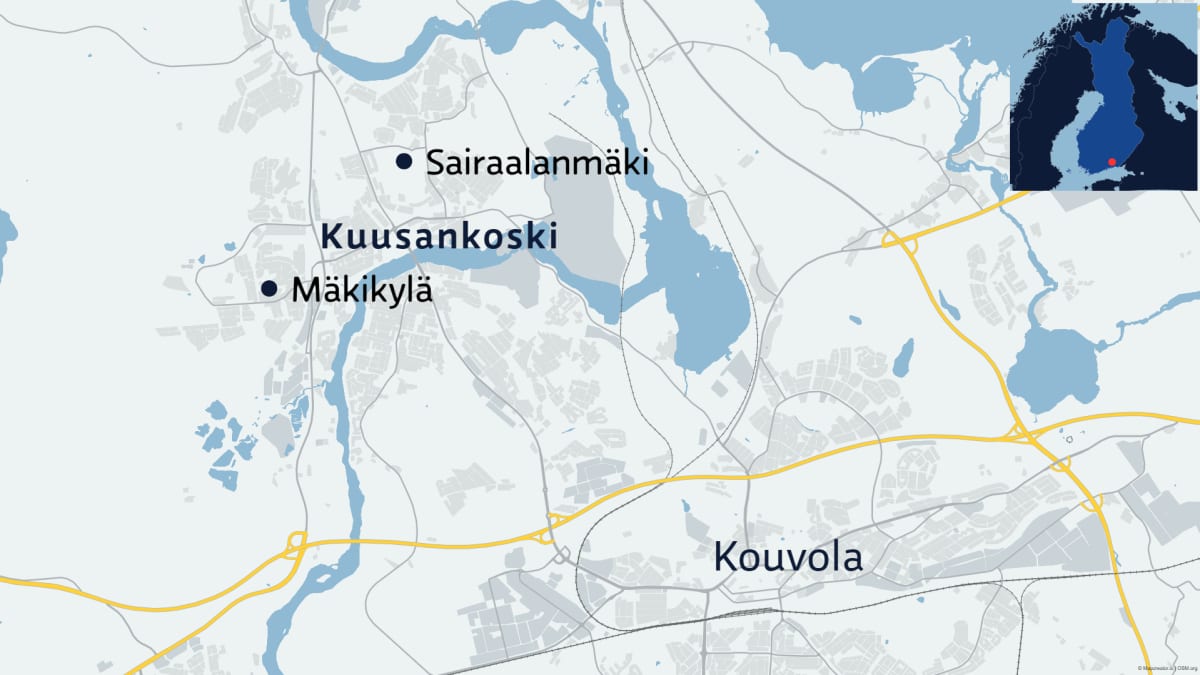 Karttagrafiikka Kouvolan Kuusankoskesta, Mäkikylästä ja Sairaalanmäestä.