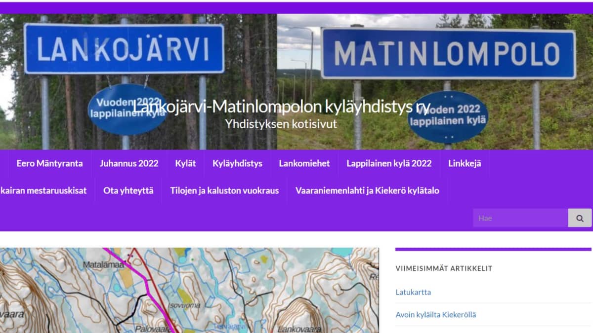 Kuvakaappaus Lankojärvi-Matinkylä -kyläyhdistyksen nettisivusta, jossa näkyy kylien kyltit ja metsäinen tausta.